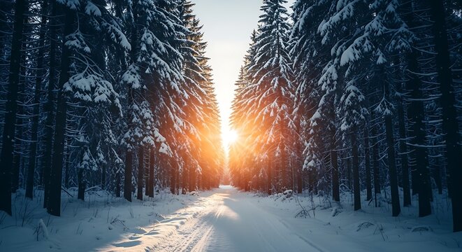 Sunlight streams through snow covered pine trees on a winter forest path