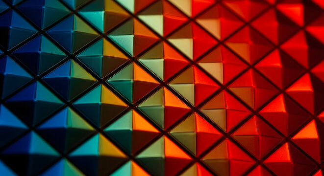 Abstract geometric pattern of colorful triangular facets with a holographic iridescent shimmer creating a vibrant and dynamic background texture with a gradient from blue to red