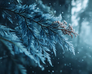 Frost covered blue evergreen branch with delicate ice crystals sparkling in cold winter forest atmosphere, creating serene and magical natural scene