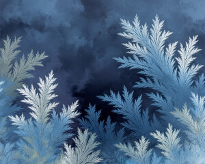 Frost pattern on glass with intricate icy branches in blue and white shades creating cold winter atmosphere with delicate natural textures and sparkling details
