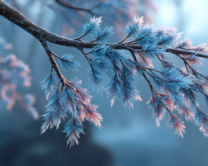Frost covered tree branch with delicate icy needles sparkling in soft morning light, creating serene winter atmosphere with cool blue and warm pink hues