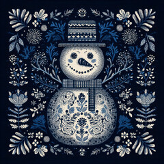Snowman winter holiday design with floral pattern and frosty blue decoration, festive and charming seasonal illustration with hat and scarf in vintage style
