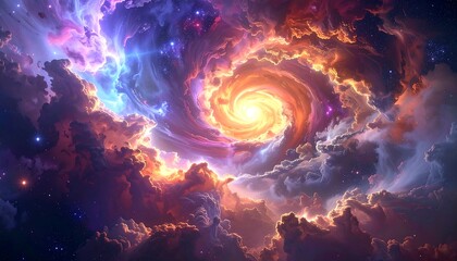 Swirling, vibrant cosmic nebula. Glowing center pulls the eye inward through swirling clouds of purples, pinks, and yellows