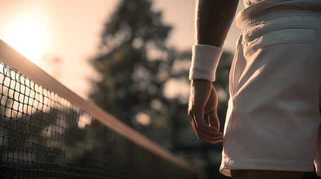 Athlete in crisp white outfit on tennis court at sunset