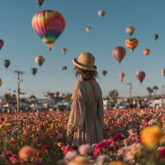 Woman wearing hat stands in colorful flower field watching vibrant hot air balloons float in clear blue sky, creating peaceful and joyful atmosphere