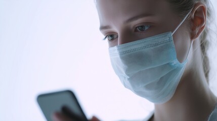 Young woman wearing a medical mask, looking at a smartphone. Her hair is pulled back, expression focused. The background is bright and out of focus