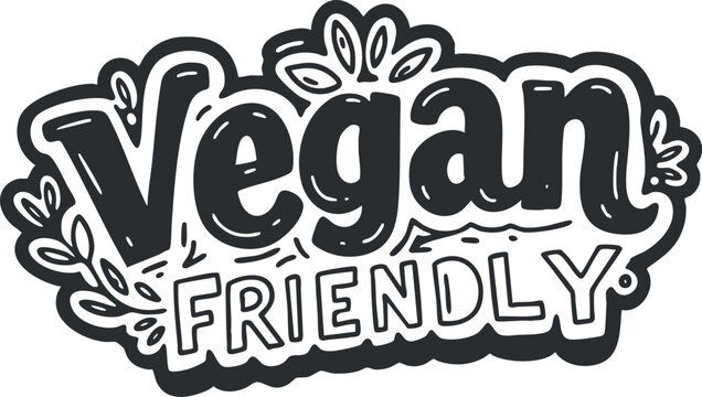 Hand-drawn vector illustration of a 'Vegan Friendly' text design featuring playful typography and botanical elements for eco-friendly branding.