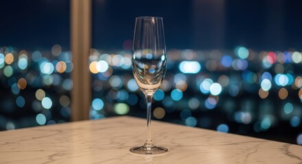 A single champagne flute sits on a marble table with a bokeh city lights background at night