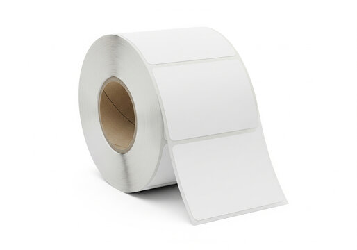 Blank white self-adhesive label roll on a core, isolated on white background. Perfect for thermal printing, product identification, and packaging solutions