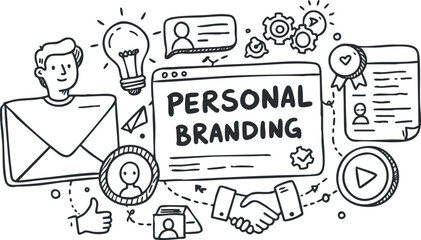 Hand-drawn vector illustration of personal branding concepts featuring icons like handshake, lightbulb, and communication symbols for marketing and design projects