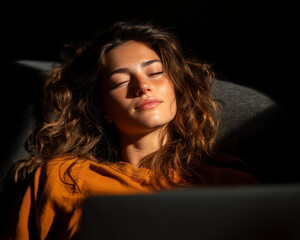Young woman with curly hair and freckles relaxing with closed eyes in warm sunlight wearing orange sweater lying on couch in dark room