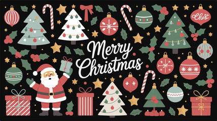 Fototapeta premium Merry Christmas Greeting with Santa and Festive Elements