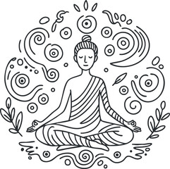 Outline vector illustration of a meditating figure surrounded by abstract symbols and nature elements for mindfulness and wellness themes