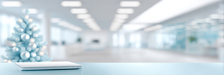 Minimalist office with decorated christmas tree and modern design