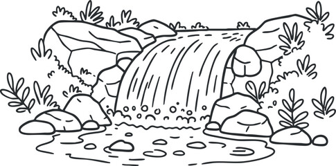 Naklejka premium Line art illustration of a serene waterfall surrounded by rocks and lush plants, perfect for nature-themed designs
