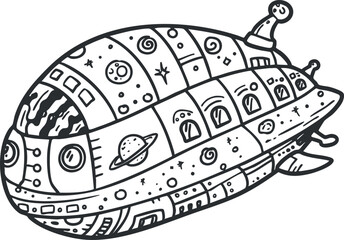 Playful doodle-style vector illustration of a whimsical spaceship, perfect for children's design projects and creative themes