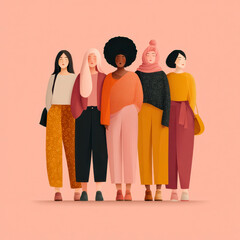 Diverse group of women standing together in stylish outfits, showcasing unity and confidence with warm tones and modern fashion in minimalistic background