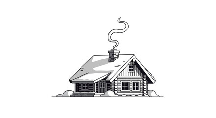 Illustration of a cozy log cabin with snow on the roof and smoke from the chimney.