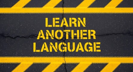 Learn another language message painted on a dark asphalt road with yellow stripes.