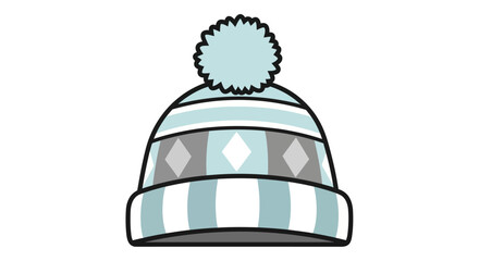 A cartoon illustration of a light blue, white, and grey winter hat with a pom-pom on top, featuring stripes and a diamond pattern.