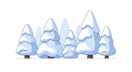 Cartoon illustration of snow-covered evergreen trees in a winter landscape.