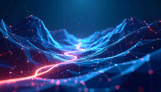 Neon data particles forming dynamic wave