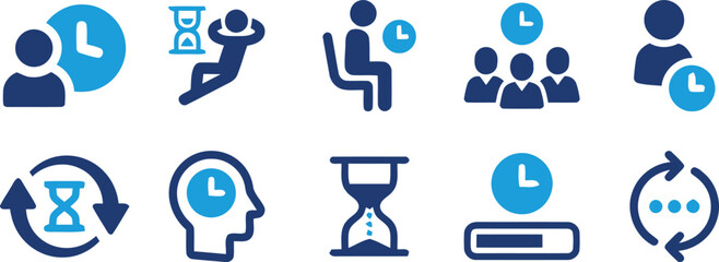 time, clock, hourglass, waiting, people, group, user, profile, schedule, management, productivity, deadline, efficiency, icon, symbol, vector, illustration, blue, dark blue, light blue, white backgrou