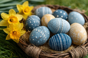 Easter eggs in blue and yellow with white patterns rest in woven basket with daffodil flowers nearby, creating cheerful springtime decoration full of vibrant colors and natural textures