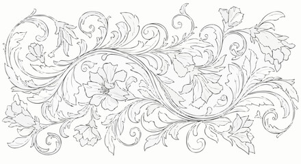 Hand drawn vintage floral scroll with acanthus leaves line art.