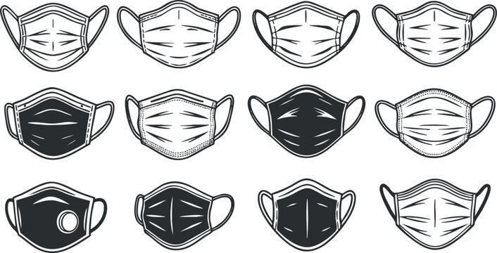 Outline vector illustration set of various face masks for health and safety concepts in modern design projects
