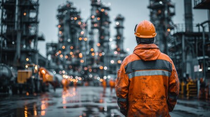 Fototapeta premium Worker in Orange Rain Gear Observes Oil Refinery at Twilight
