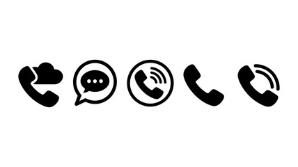 Set of communication icons including cloud call, chat message, incoming call, phone receiver, and active telephone symbols for digital interfaces