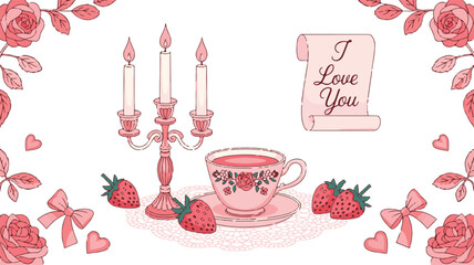 Romantic Valentine's Day scene with tea and roses love