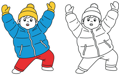 Cute boy wearing winter jacket and hat standing with hands up Vector illustration isolated on white background