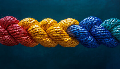 Vibrant multicolor rope twists across a dark blue backdrop, showcasing texture, strength, and dynamic energy. Ideal for design projects highlighting color, craft, and resilience