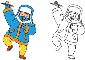 Cute boy in winter parka and fur hat holding a ninja star toy Vector illustration isolated on white background