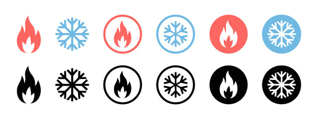 Diverse temperature and weather icons: flame and snowflake symbols in red, blue, black. featuring solid and outline styles for heating and cooling concepts and indicators.