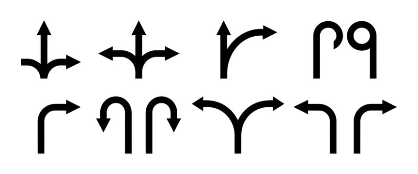 Collection of diverse black arrow icons pointing in multiple directions, indicating turns, forks, merges, and essential navigation choices for clear ui.