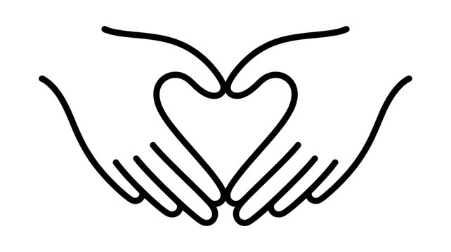 Two hands forming a heart shape, illustrating concepts of love, care, health, community, and support in a clean, minimal line art style