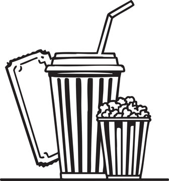 Movie theater snack vector with striped drink cup, popcorn container, and tickets for cinema, entertainment, and film themes