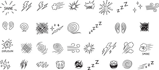 Black and White Doodle Icons for Sound, Emotion, and Action Keywords: doodle, icons, black and