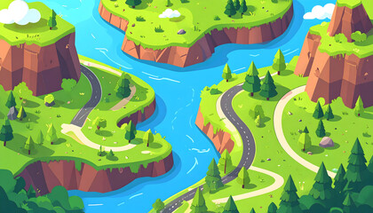 Colorful cartoon island landscape with rivers