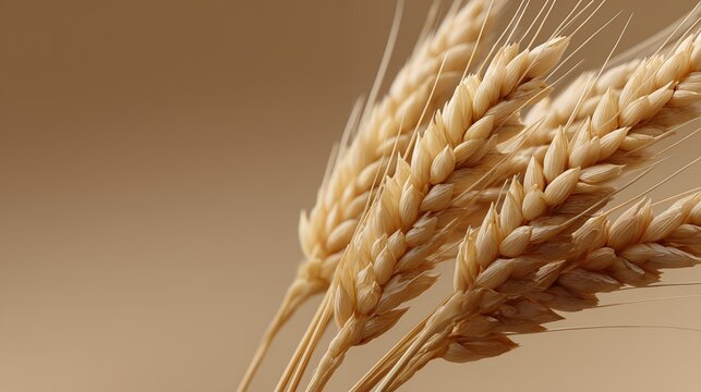 Close-up of golden wheat ears on soft beige background