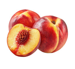 Close-up of three fresh peaches, two whole and one halved, displaying vibrant red-orange skin and juicy yellow flesh
