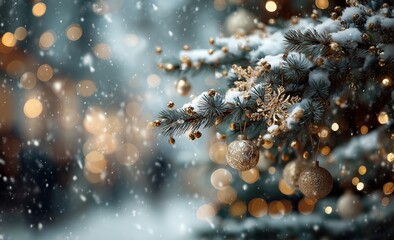 Winter Scene With Decorated Christmas Tree and Softly Falling Snow in a Festive Atmosphere