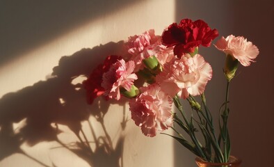 Fototapeta premium Carnations in a Vase Casting Soft Shadows in Warm Afternoon Light by a Window