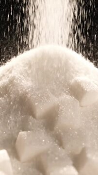 Close up sugar cubes falling and sugar pile for sweet concept
