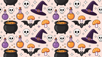 Spooky Halloween Pattern with Skulls, Bats, and Potions
