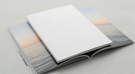 Blank white cover of a book or magazine mockup lying on an open publication featuring a serene seascape image with sunset colors