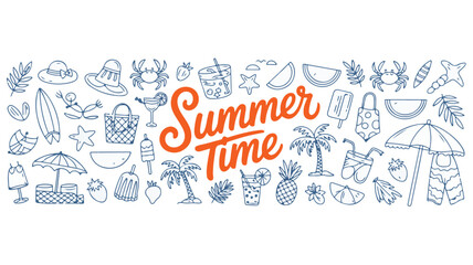 Summer Time doodle elements with beach and vacation items